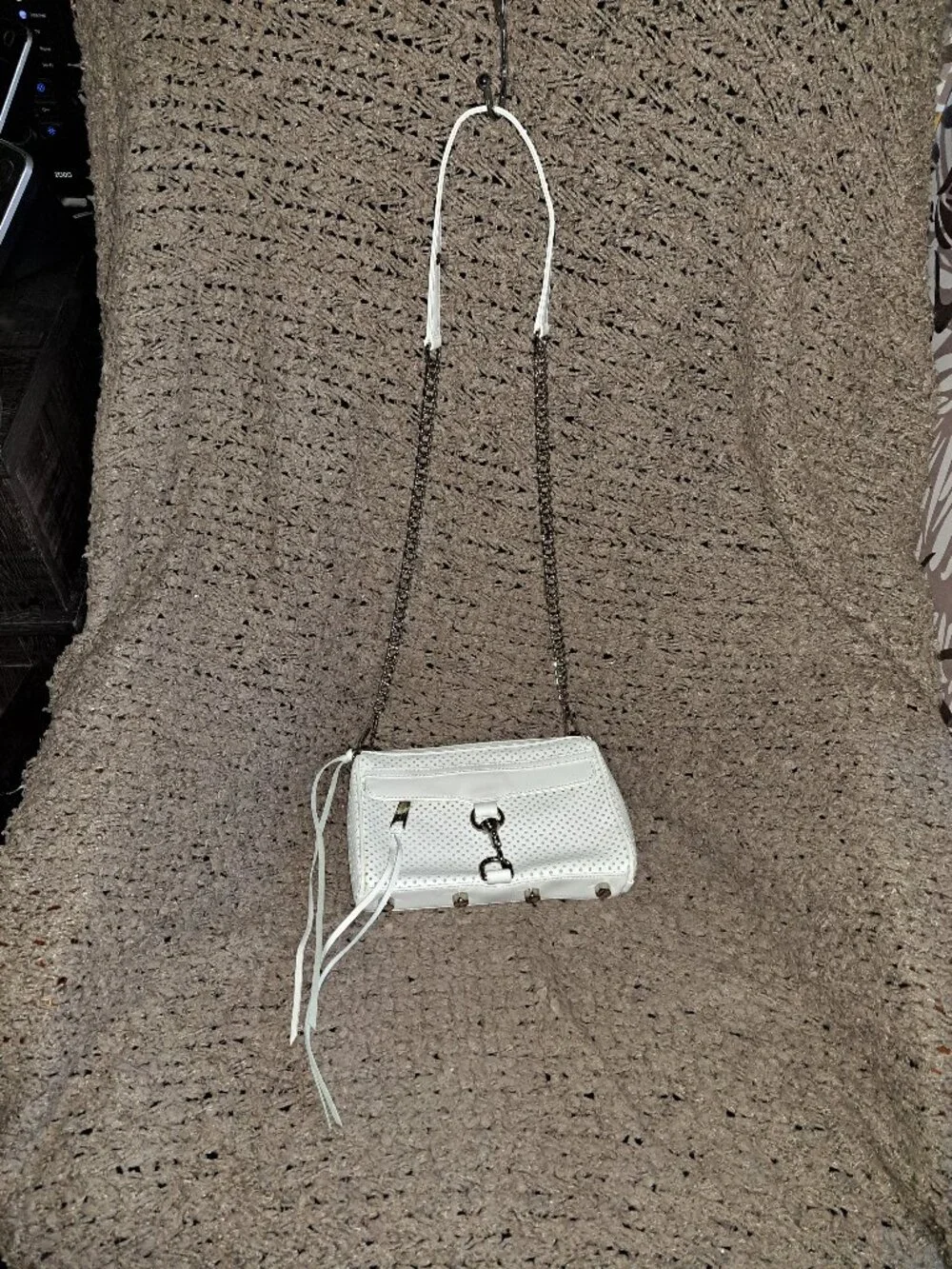 REBECCA MINKOFF-Blythe Crossbody-White Perforated Leather-Fringe Zips-Near Mint